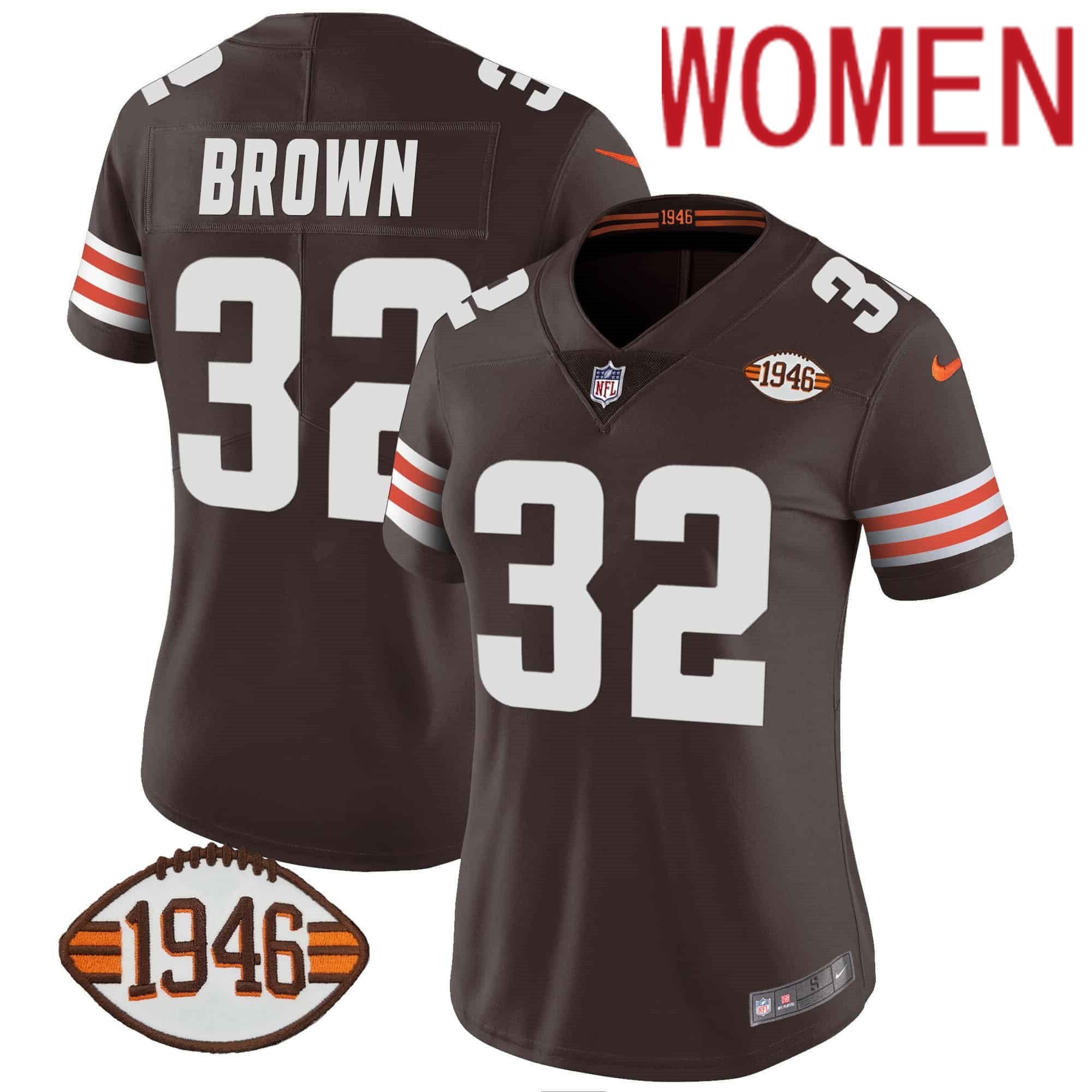 Women Cleveland Browns #32 Brown Brown 1946 75th Anniversary Patch 2024 Nike NFL Jersey style 1->women nfl jersey->Women Jersey